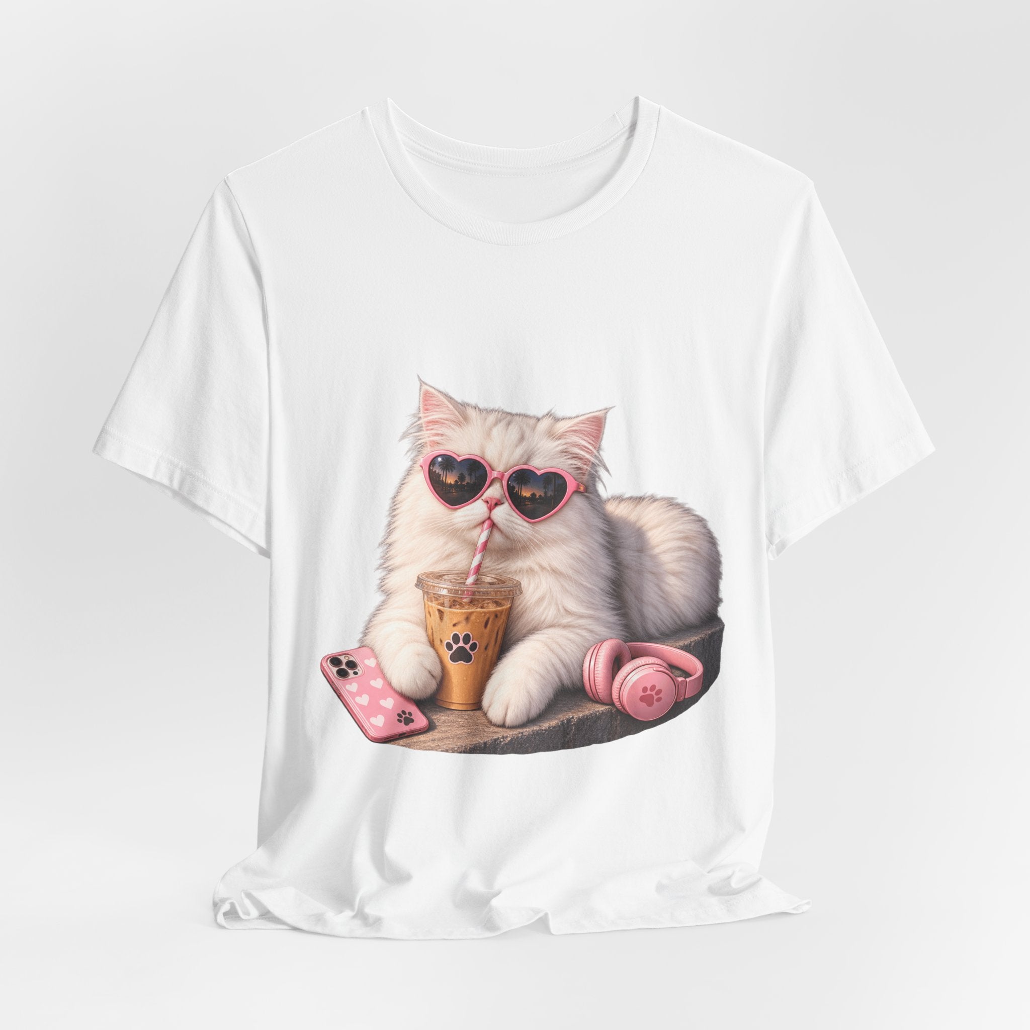 Cat With Boba T-Shirt — Cute White Cat Wearing Heart Sunglasses, Phone & Headphones Tee
