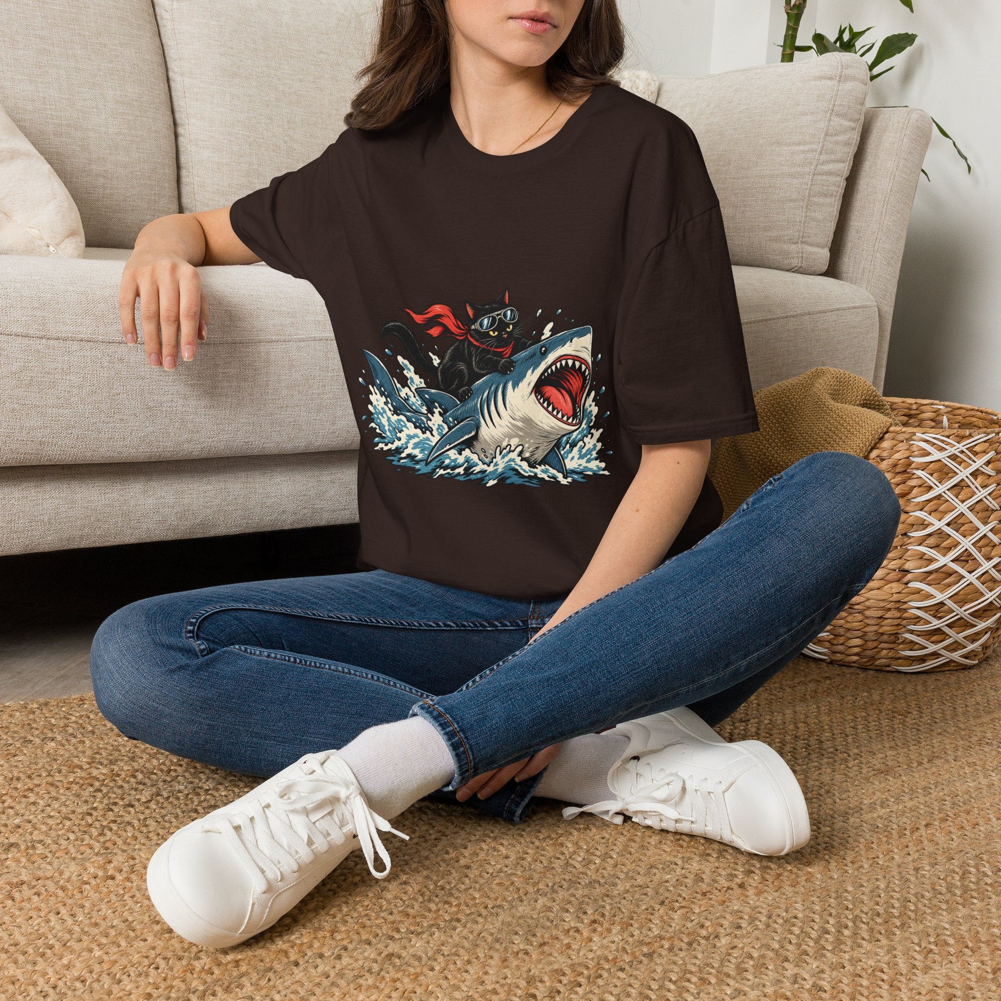 Cat Riding Shark T-Shirt — Retro Surf Graphic Tee for Cat Lovers