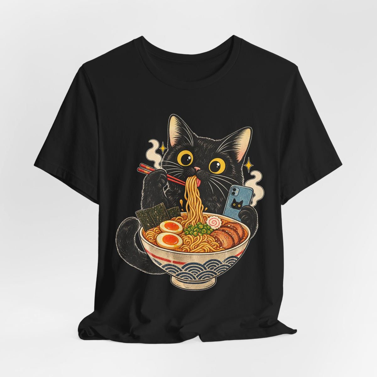 Black Cat Ramen T-Shirt — Cute Kitty Eating Ramen Graphic Tee