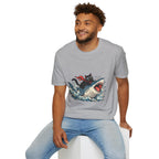 Cat Riding Shark T-Shirt — Retro Surf Graphic Tee for Cat Lovers