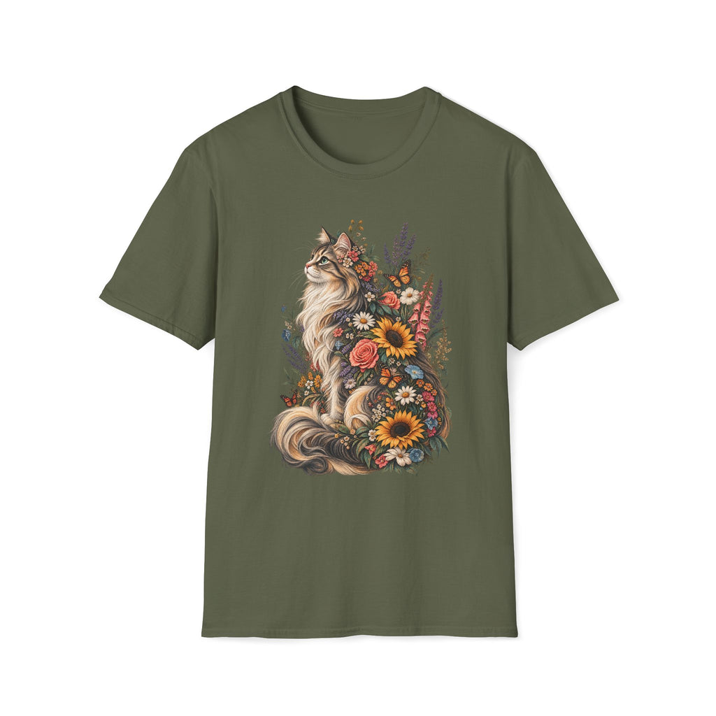 Floral Cat T-Shirt — Sunflower & Wildflower Cat Illustration Tee