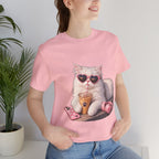 Cat With Boba T-Shirt — Cute White Cat Wearing Heart Sunglasses, Phone & Headphones Tee