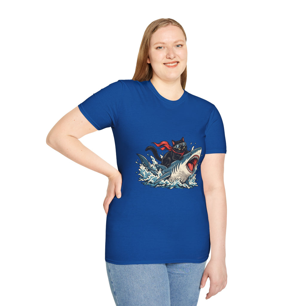 Cat Riding Shark T-Shirt — Retro Surf Graphic Tee for Cat Lovers