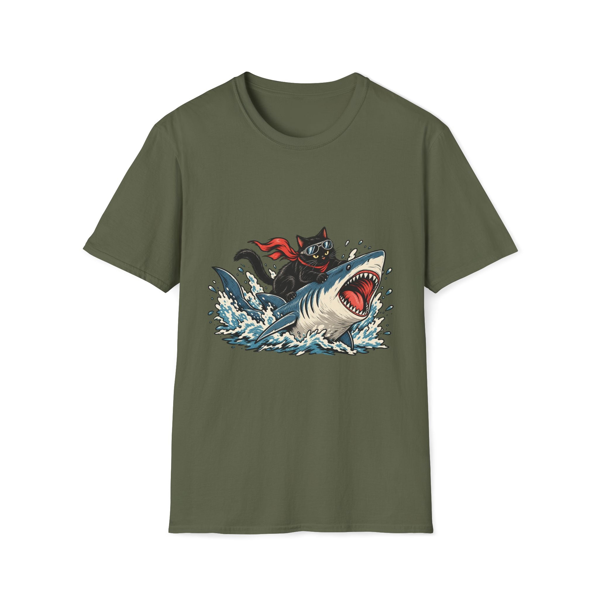Cat Riding Shark T-Shirt — Retro Surf Graphic Tee for Cat Lovers