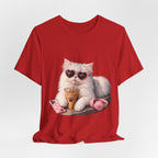 Cat With Boba T-Shirt — Cute White Cat Wearing Heart Sunglasses, Phone & Headphones Tee