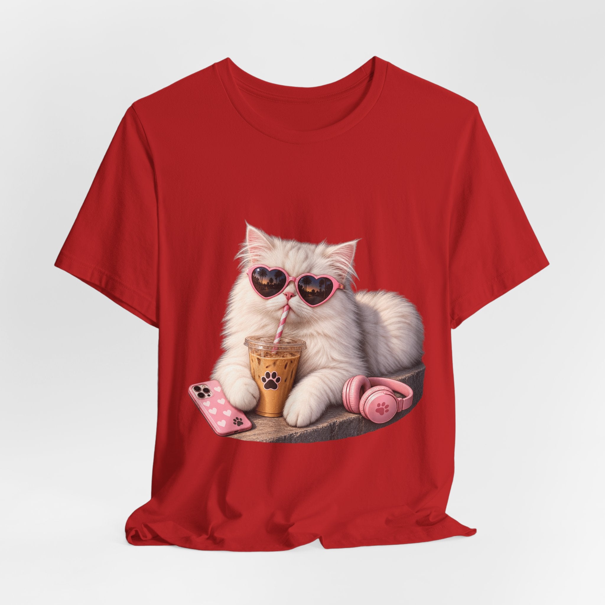 Cat With Boba T-Shirt — Cute White Cat Wearing Heart Sunglasses, Phone & Headphones Tee