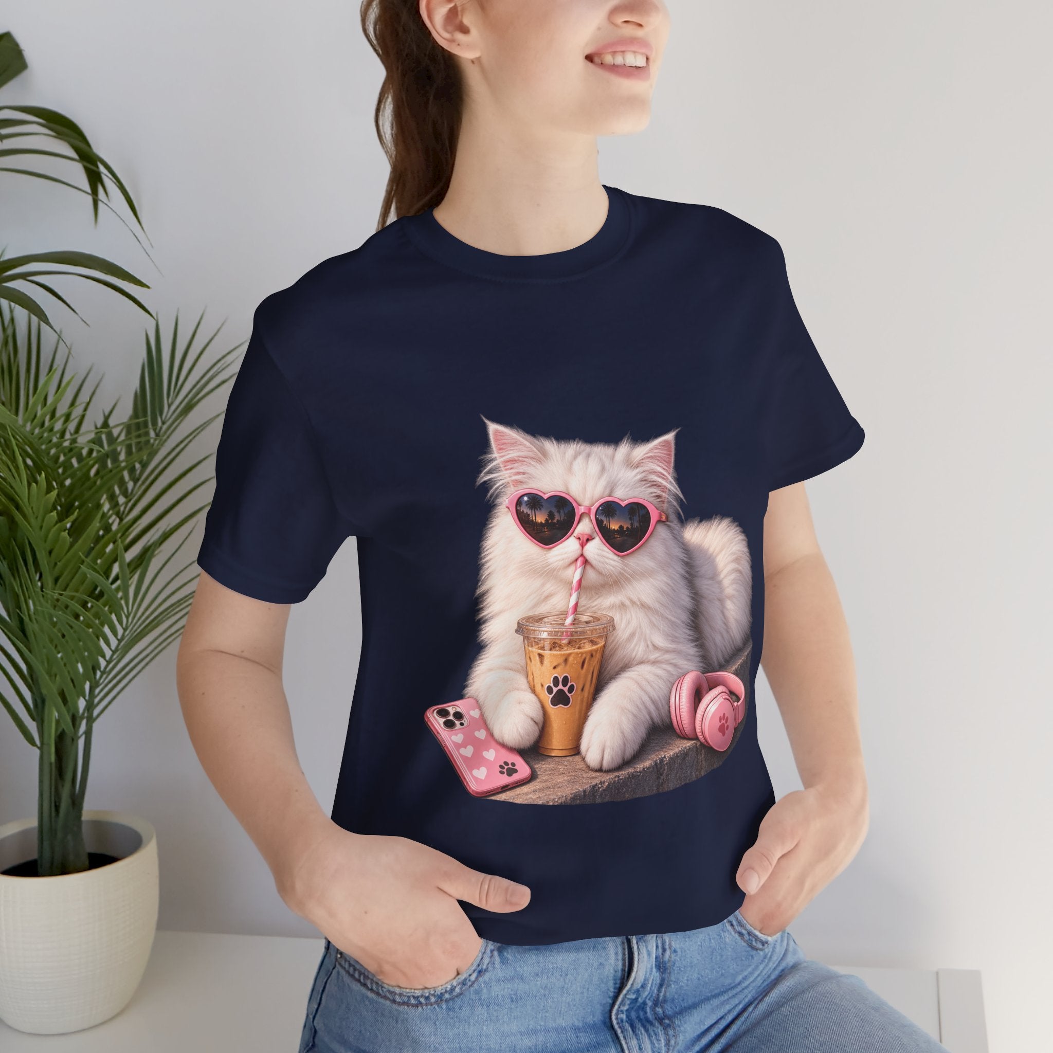 Cat With Boba T-Shirt — Cute White Cat Wearing Heart Sunglasses, Phone & Headphones Tee