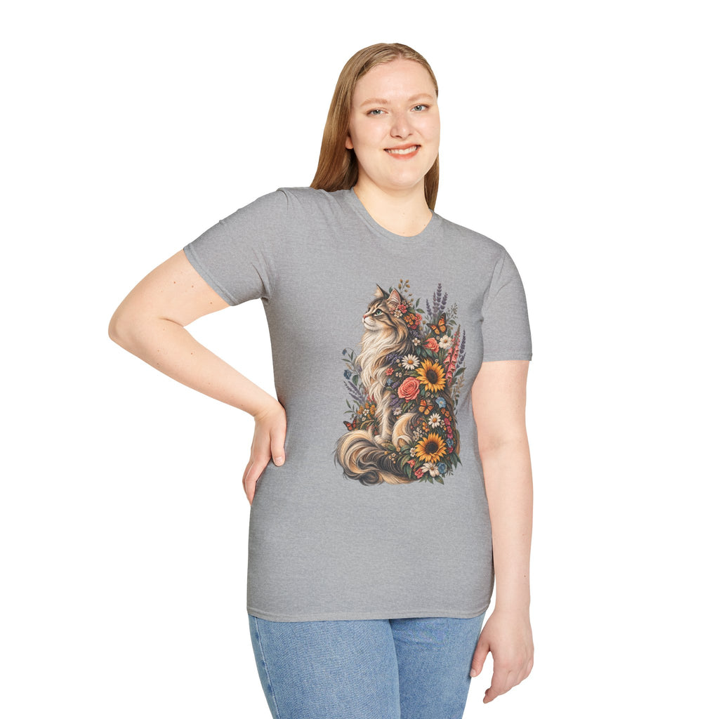 Floral Cat T-Shirt — Sunflower & Wildflower Cat Illustration Tee