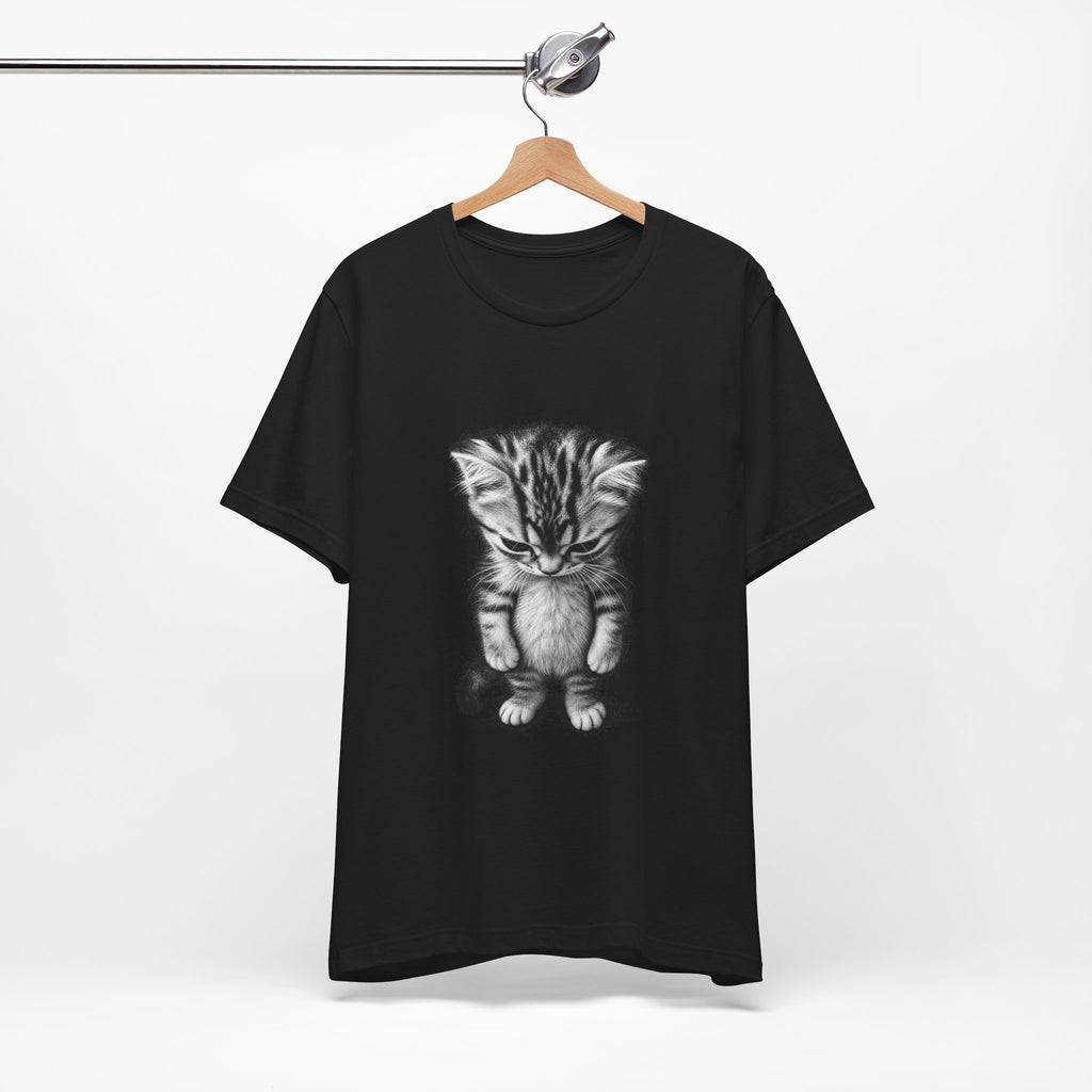 Sad Kitten Illustration T-Shirt — Cute Grayscale Cat Art Tee