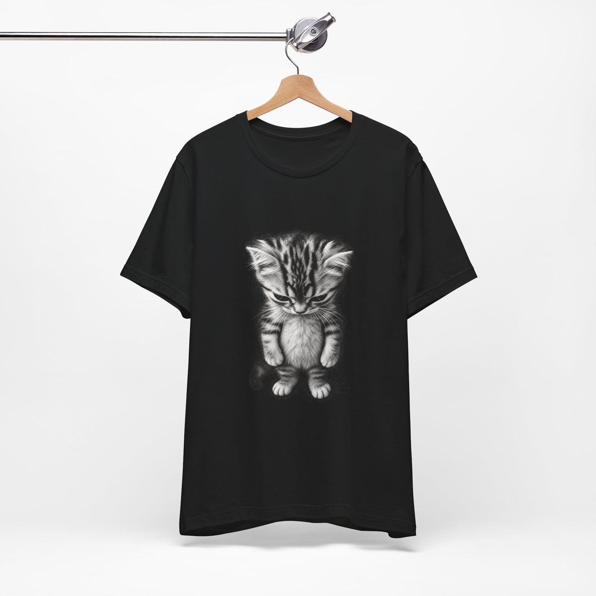 Sad Kitten Illustration T-Shirt — Cute Grayscale Cat Art Tee