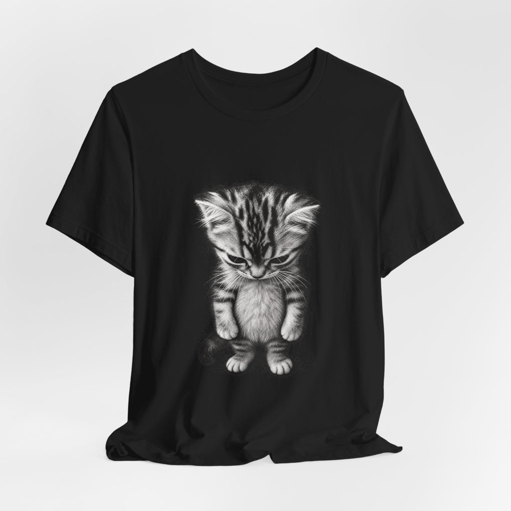 Sad Kitten Illustration T-Shirt — Cute Grayscale Cat Art Tee