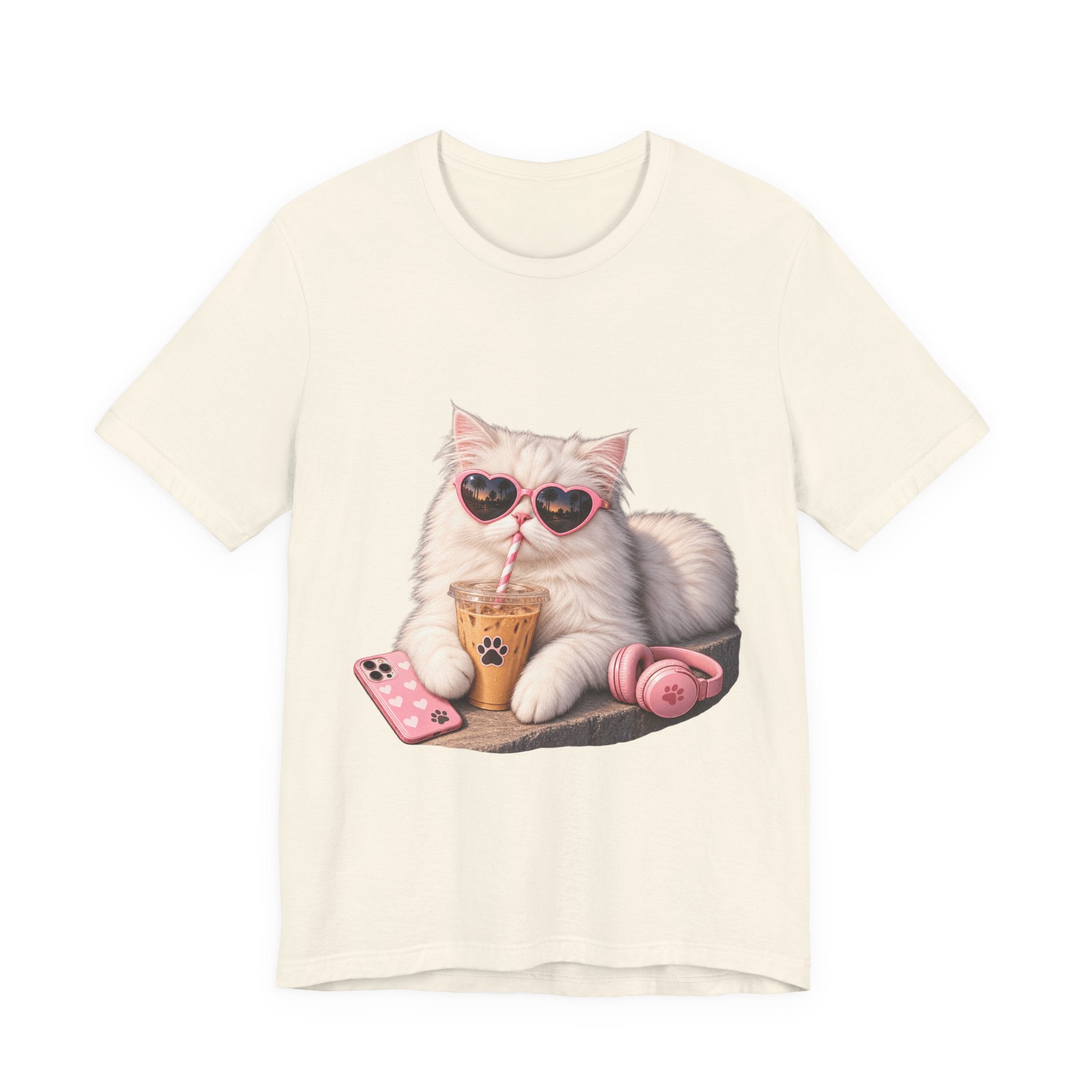 Cat With Boba T-Shirt — Cute White Cat Wearing Heart Sunglasses, Phone & Headphones Tee
