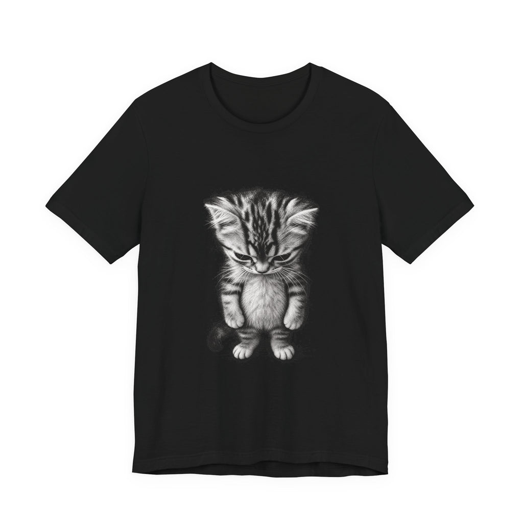 Sad Kitten Illustration T-Shirt — Cute Grayscale Cat Art Tee