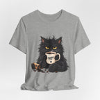 Nope Cat Coffee T‑Shirt — Grumpy Black Cat Holding 'Nope' Mug