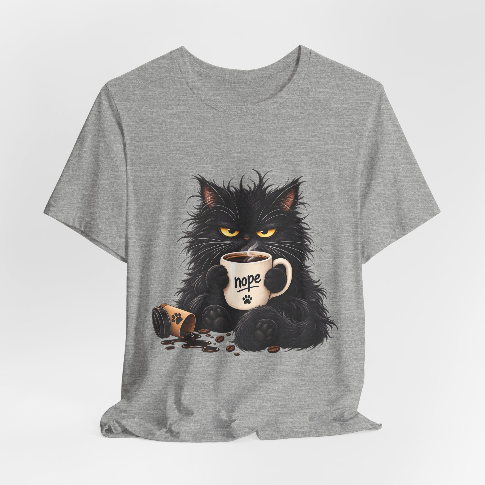 Nope Cat Coffee T‑Shirt — Grumpy Black Cat Holding 'Nope' Mug