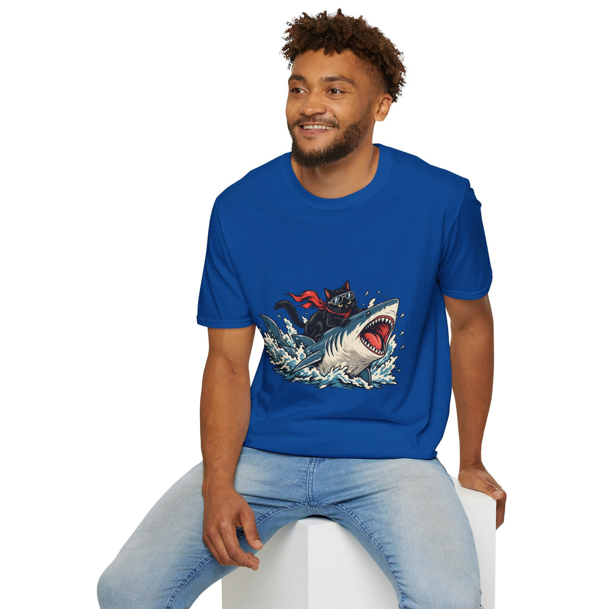 Cat Riding Shark T-Shirt — Retro Surf Graphic Tee for Cat Lovers