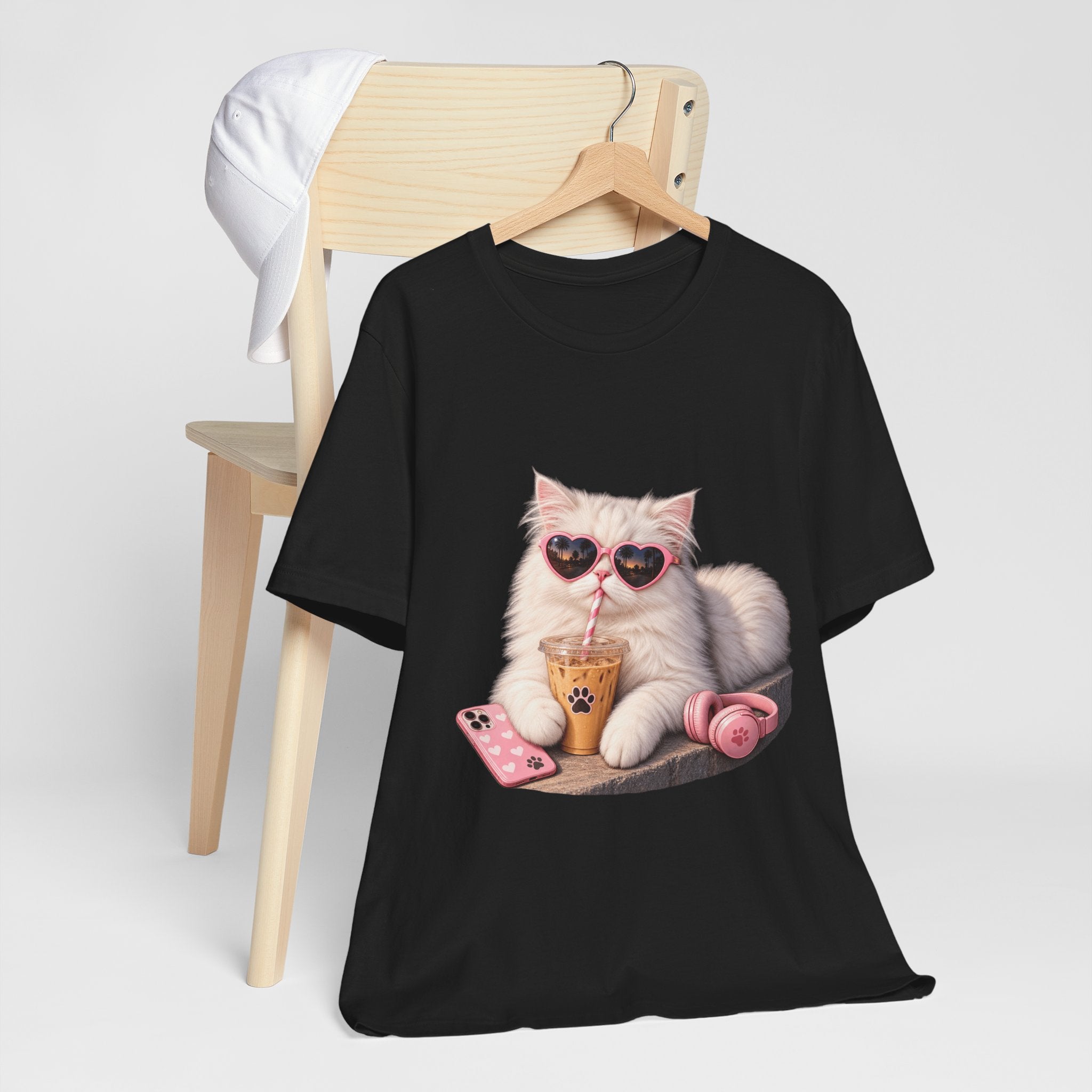 Cat With Boba T-Shirt — Cute White Cat Wearing Heart Sunglasses, Phone & Headphones Tee