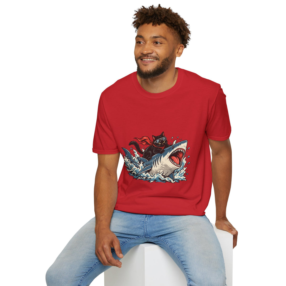 Cat Riding Shark T-Shirt — Retro Surf Graphic Tee for Cat Lovers