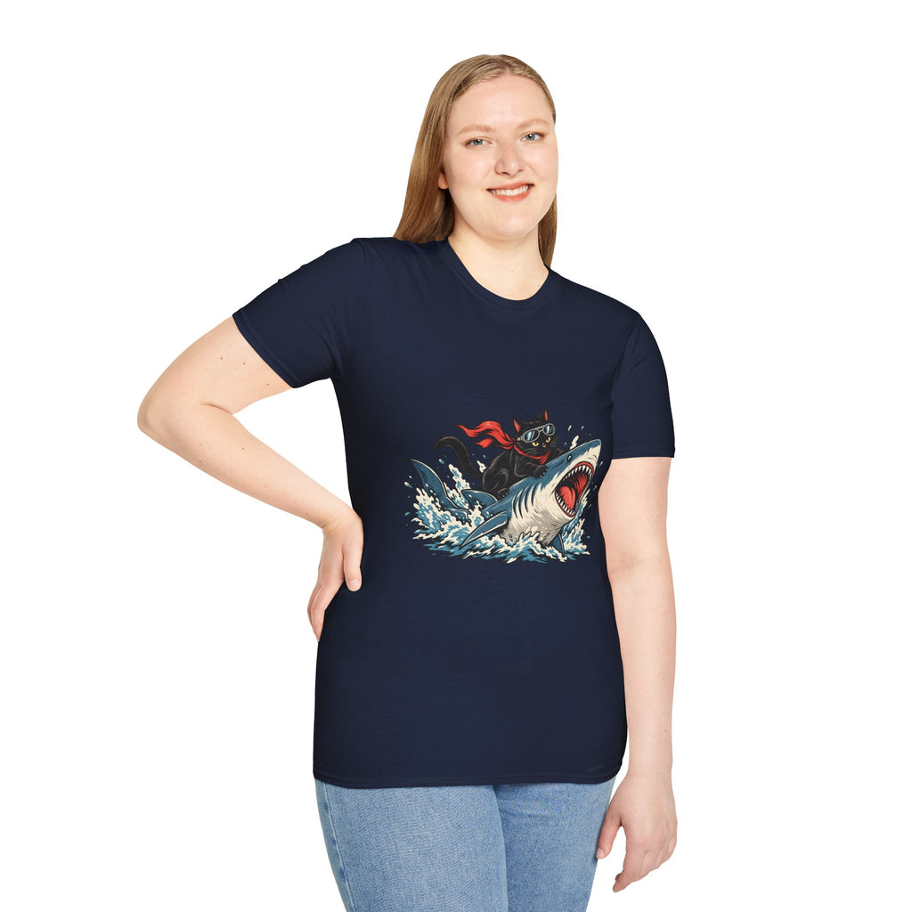 Cat Riding Shark T-Shirt — Retro Surf Graphic Tee for Cat Lovers