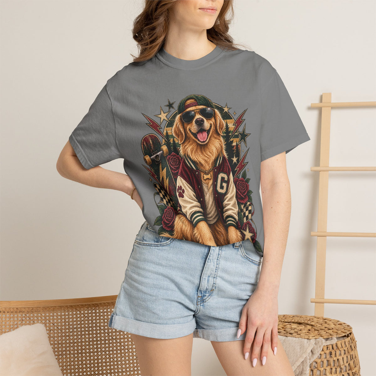Golden Retriever Varsity T-Shirt — Retro Dog Jacket Design