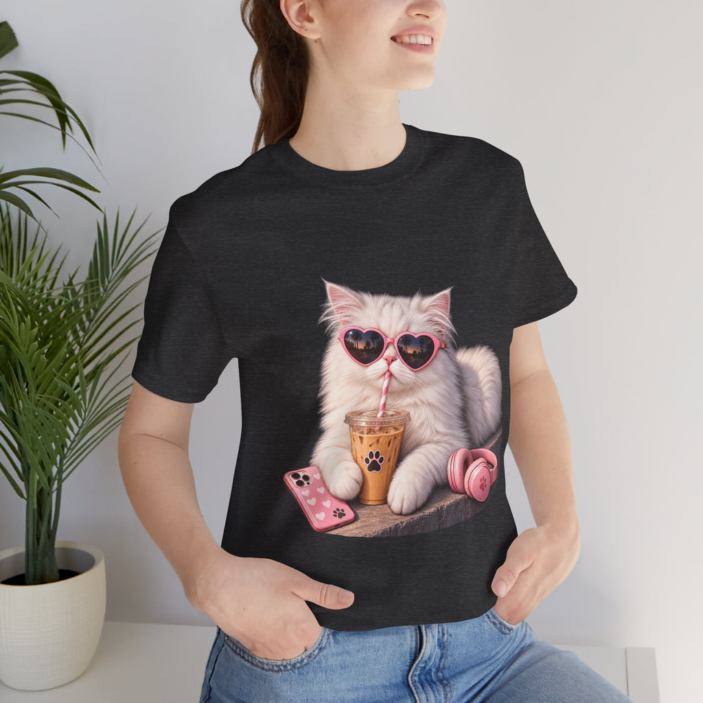Cat With Boba T-Shirt — Cute White Cat Wearing Heart Sunglasses, Phone & Headphones Tee