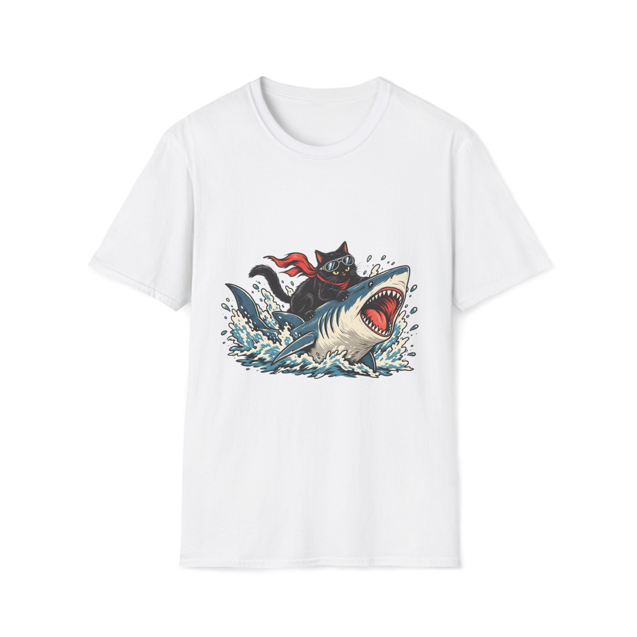 Cat Riding Shark T-Shirt — Retro Surf Graphic Tee for Cat Lovers