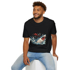 Cat Riding Shark T-Shirt — Retro Surf Graphic Tee for Cat Lovers