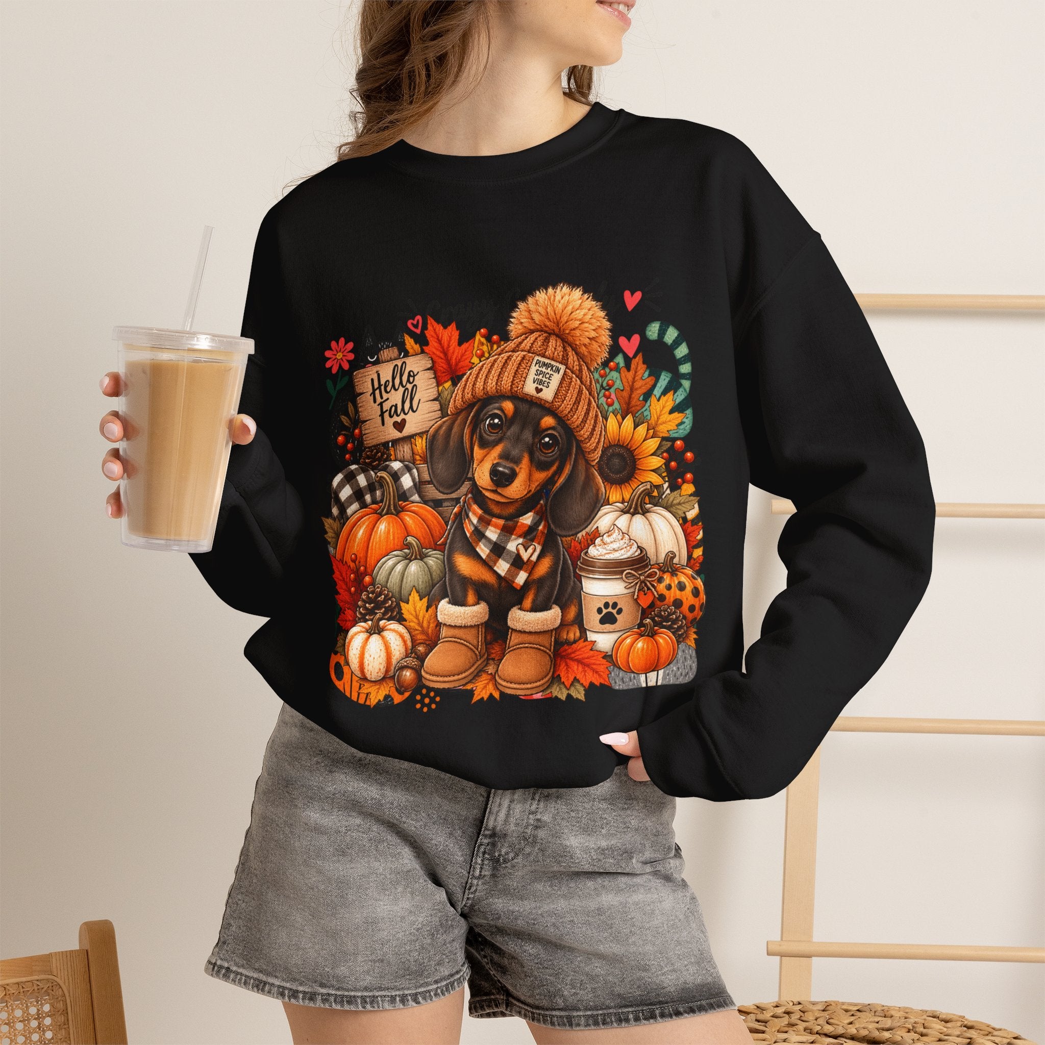 Fall Dachshund Sweatshirt – Cozy Pumpkin Patch Dog Crewneck (Hello Fall)