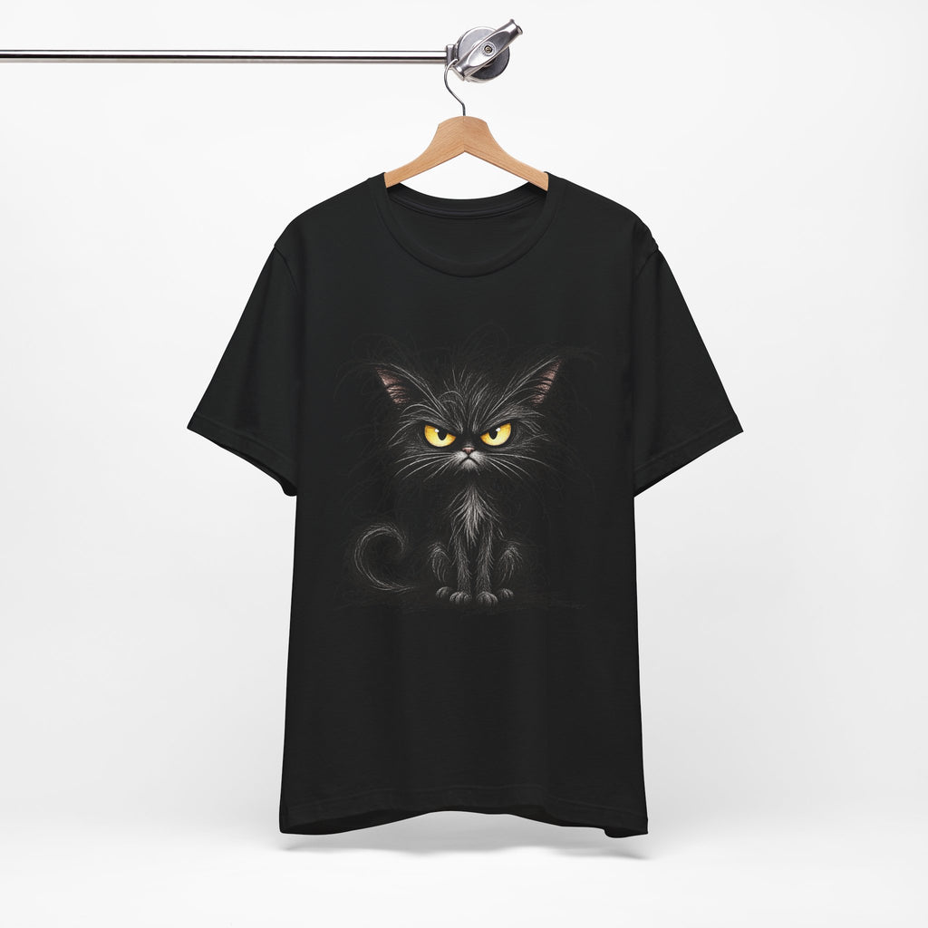 Grumpy Black Cat T‑Shirt — Cute Gothic Cat Tee with Yellow Eyes