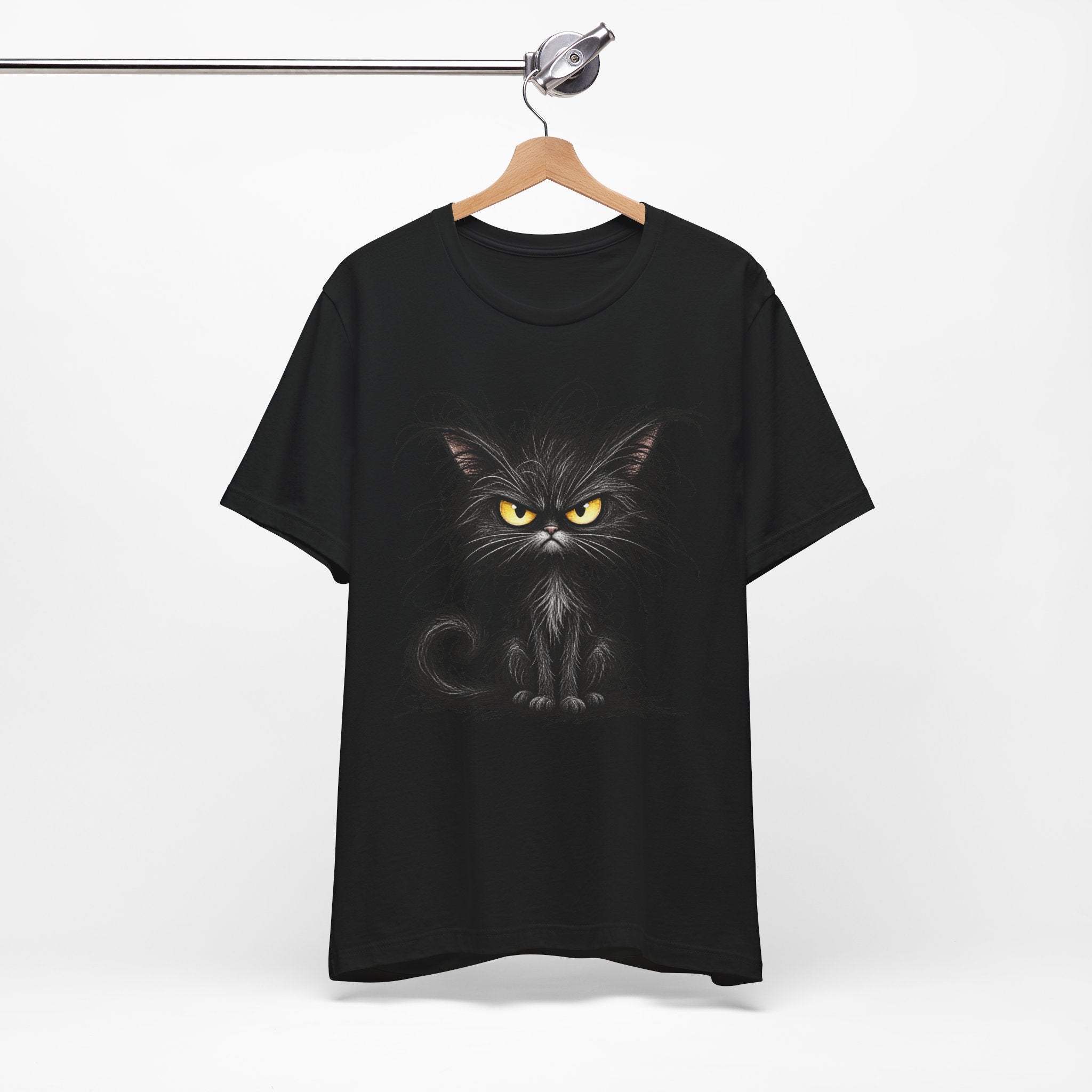 Grumpy Black Cat T‑Shirt — Cute Gothic Cat Tee with Yellow Eyes