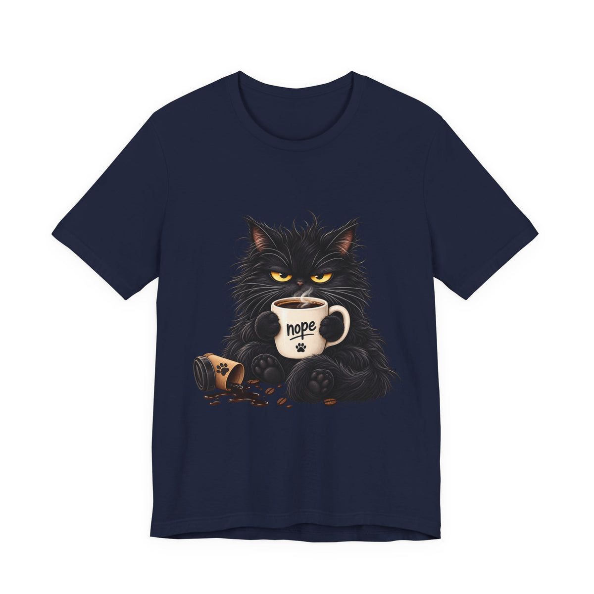 Nope Cat Coffee T‑Shirt — Grumpy Black Cat Holding 'Nope' Mug