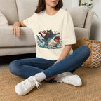 Cat Riding Shark T-Shirt — Retro Surf Graphic Tee for Cat Lovers