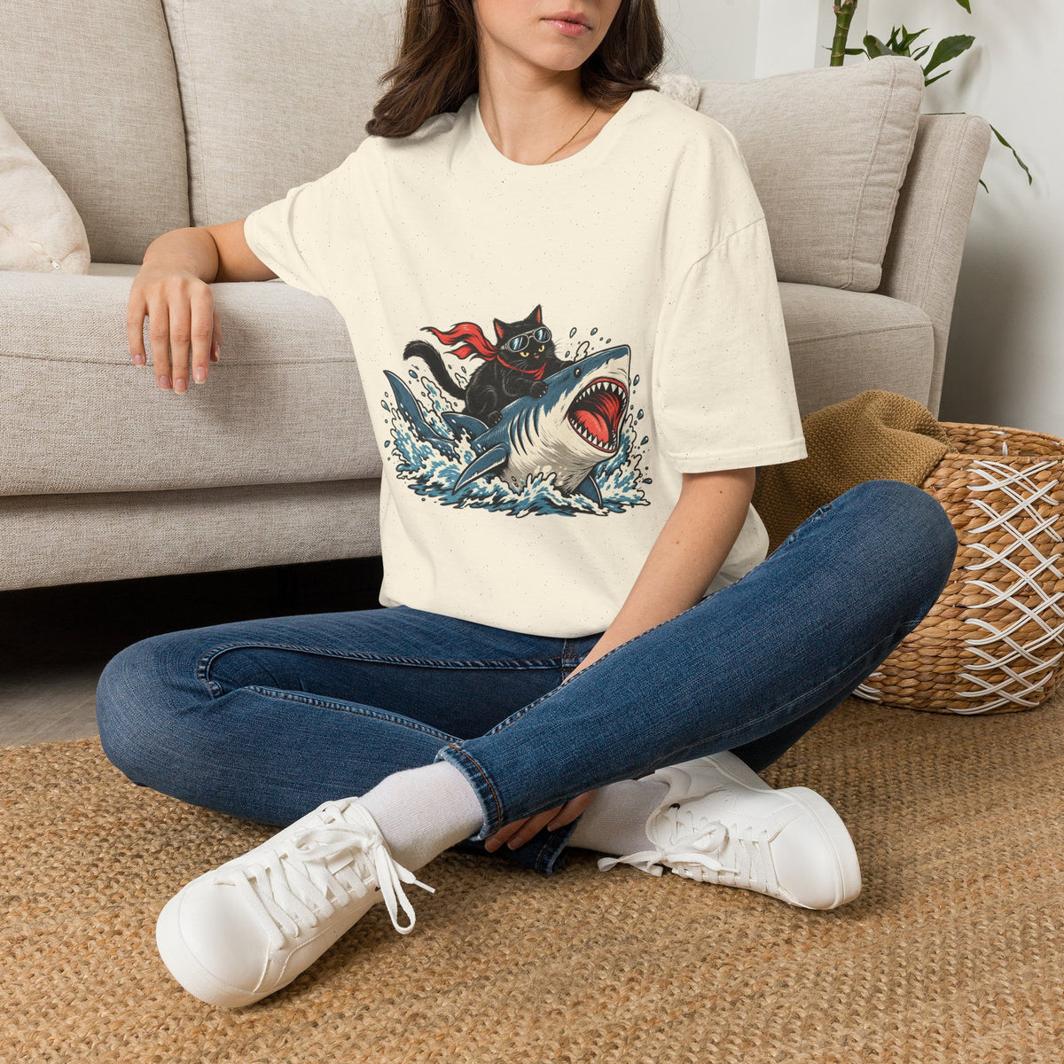 Cat Riding Shark T-Shirt — Retro Surf Graphic Tee for Cat Lovers