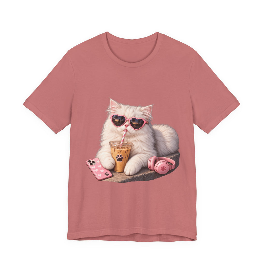 Cat With Boba T-Shirt — Cute White Cat Wearing Heart Sunglasses, Phone & Headphones Tee