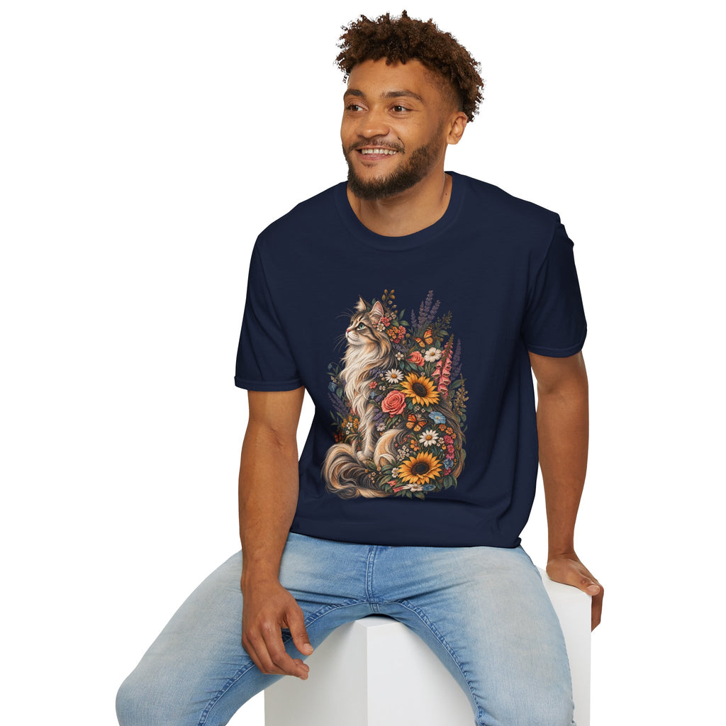 Floral Cat T-Shirt — Sunflower & Wildflower Cat Illustration Tee