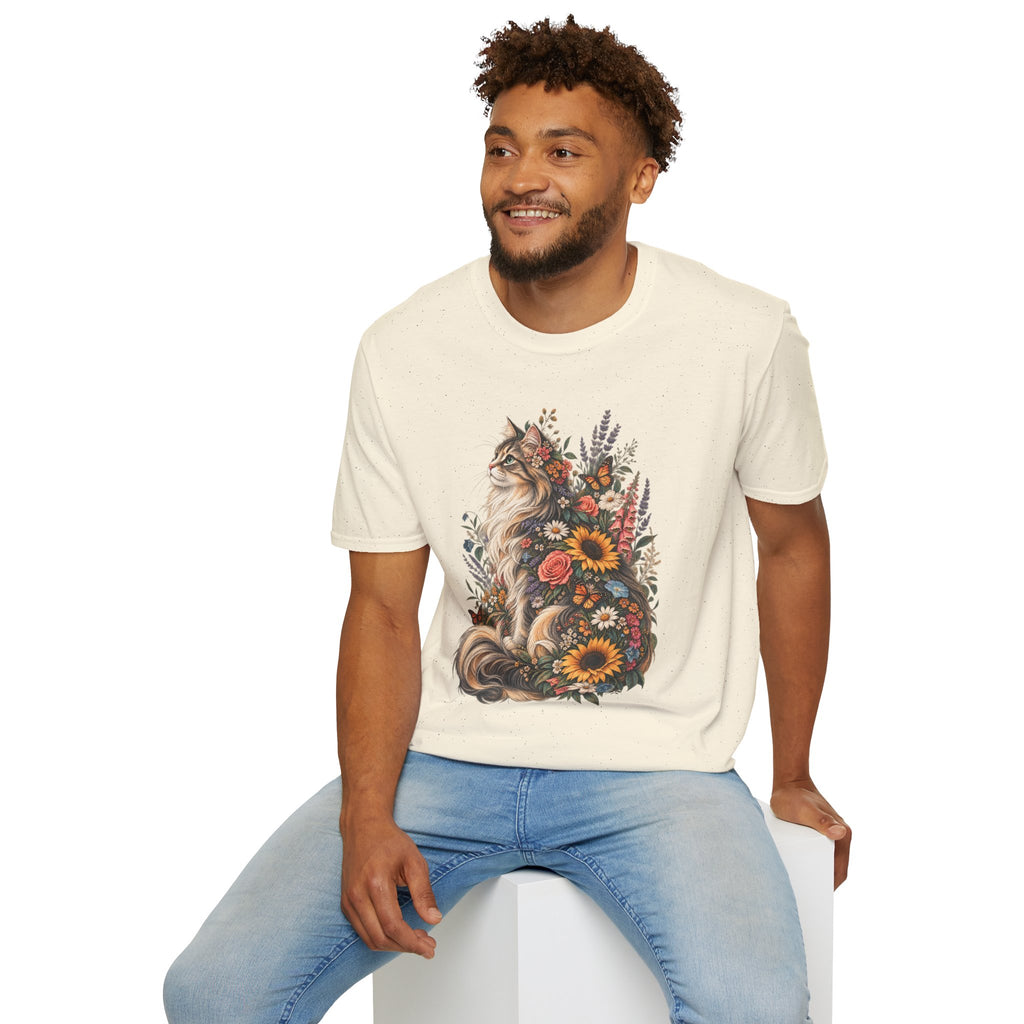 Floral Cat T-Shirt — Sunflower & Wildflower Cat Illustration Tee