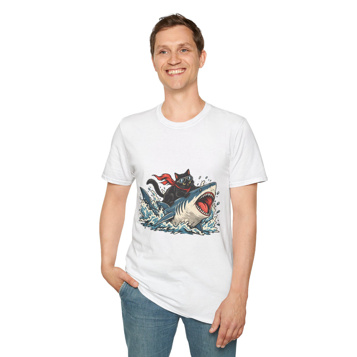 Cat Riding Shark T-Shirt — Retro Surf Graphic Tee for Cat Lovers