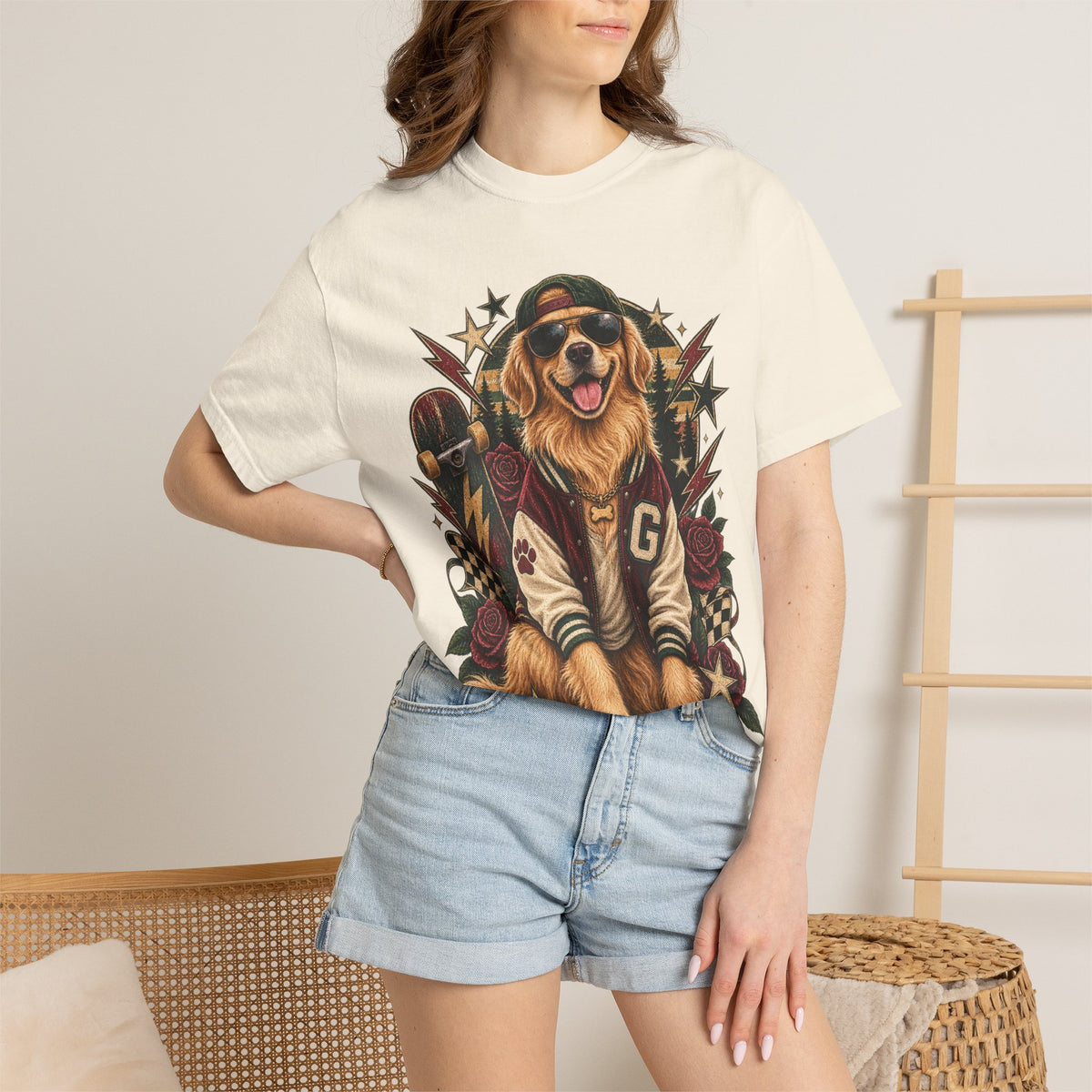 Golden Retriever Varsity T-Shirt — Retro Dog Jacket Design