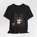 Nope Cat Coffee T‑Shirt — Grumpy Black Cat Holding 'Nope' Mug