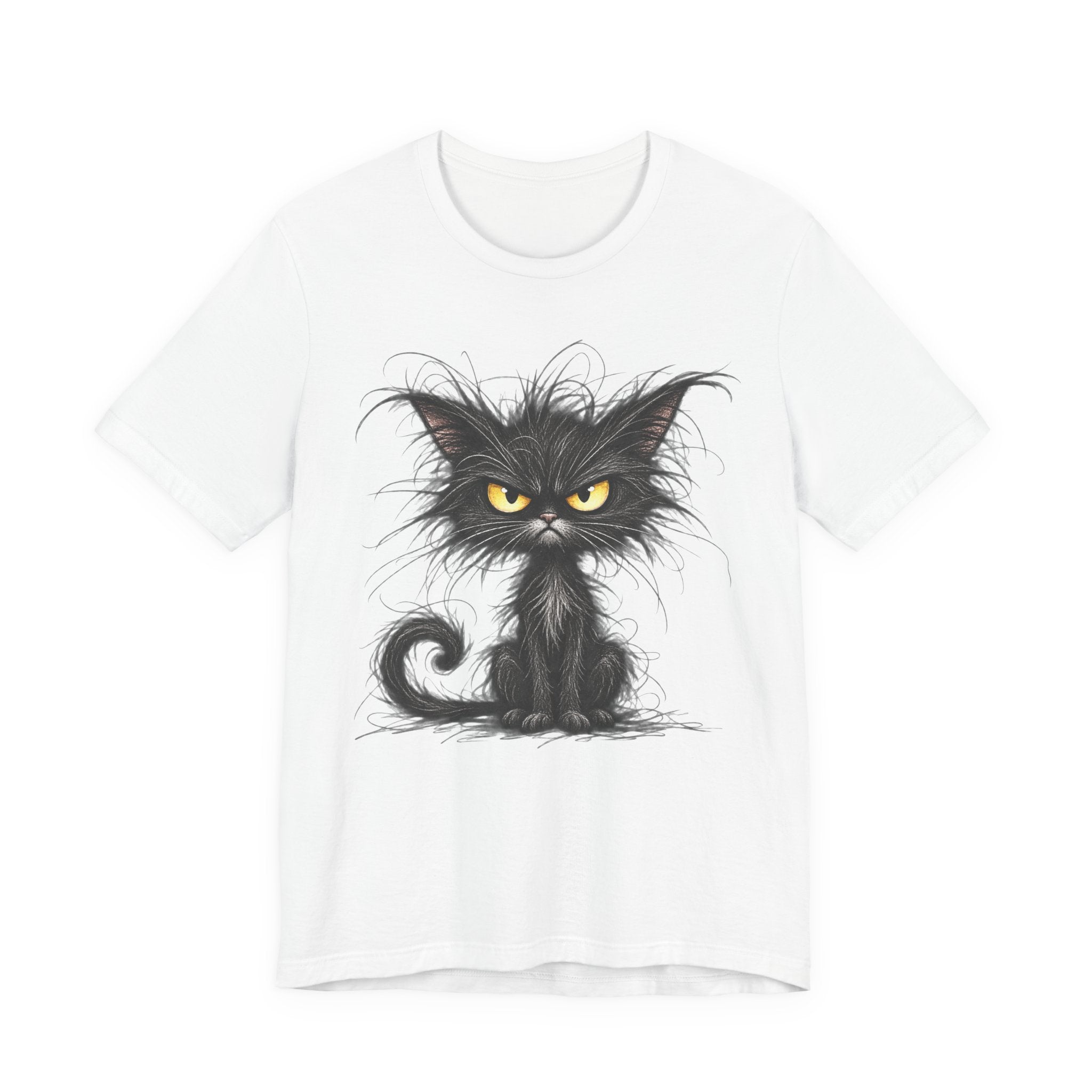 Grumpy Black Cat T‑Shirt — Cute Gothic Cat Tee with Yellow Eyes