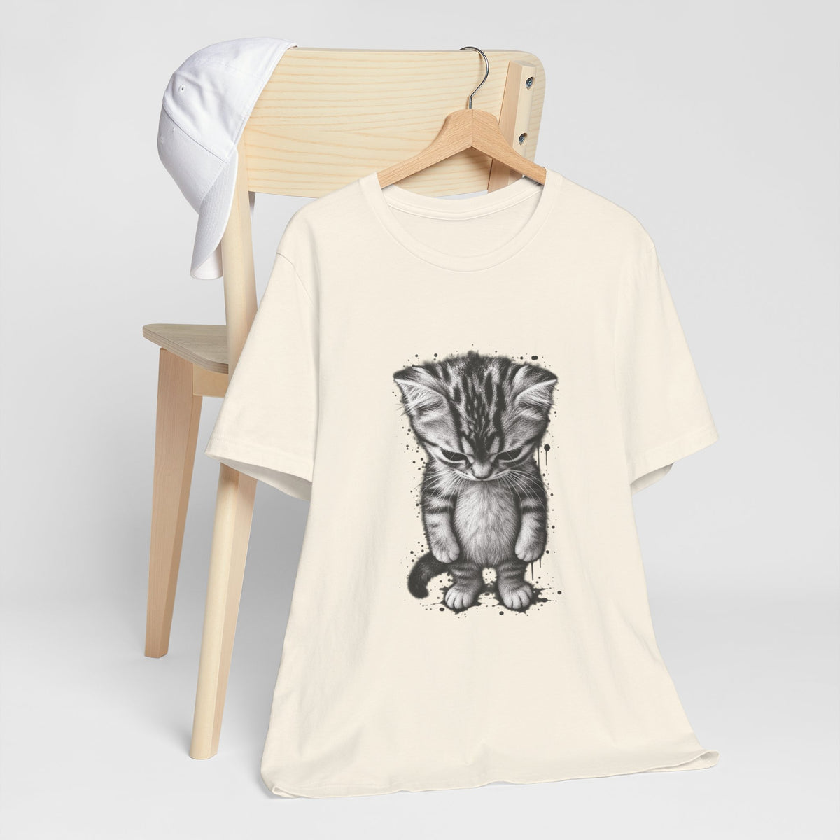 Sad Kitten Illustration T-Shirt — Cute Grayscale Cat Art Tee