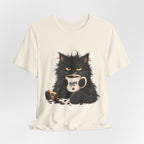 Nope Cat Coffee T‑Shirt — Grumpy Black Cat Holding 'Nope' Mug