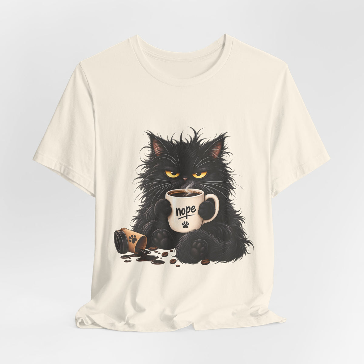 Nope Cat Coffee T‑Shirt — Grumpy Black Cat Holding 'Nope' Mug