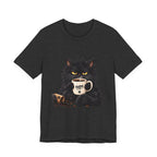 Nope Cat Coffee T‑Shirt — Grumpy Black Cat Holding 'Nope' Mug