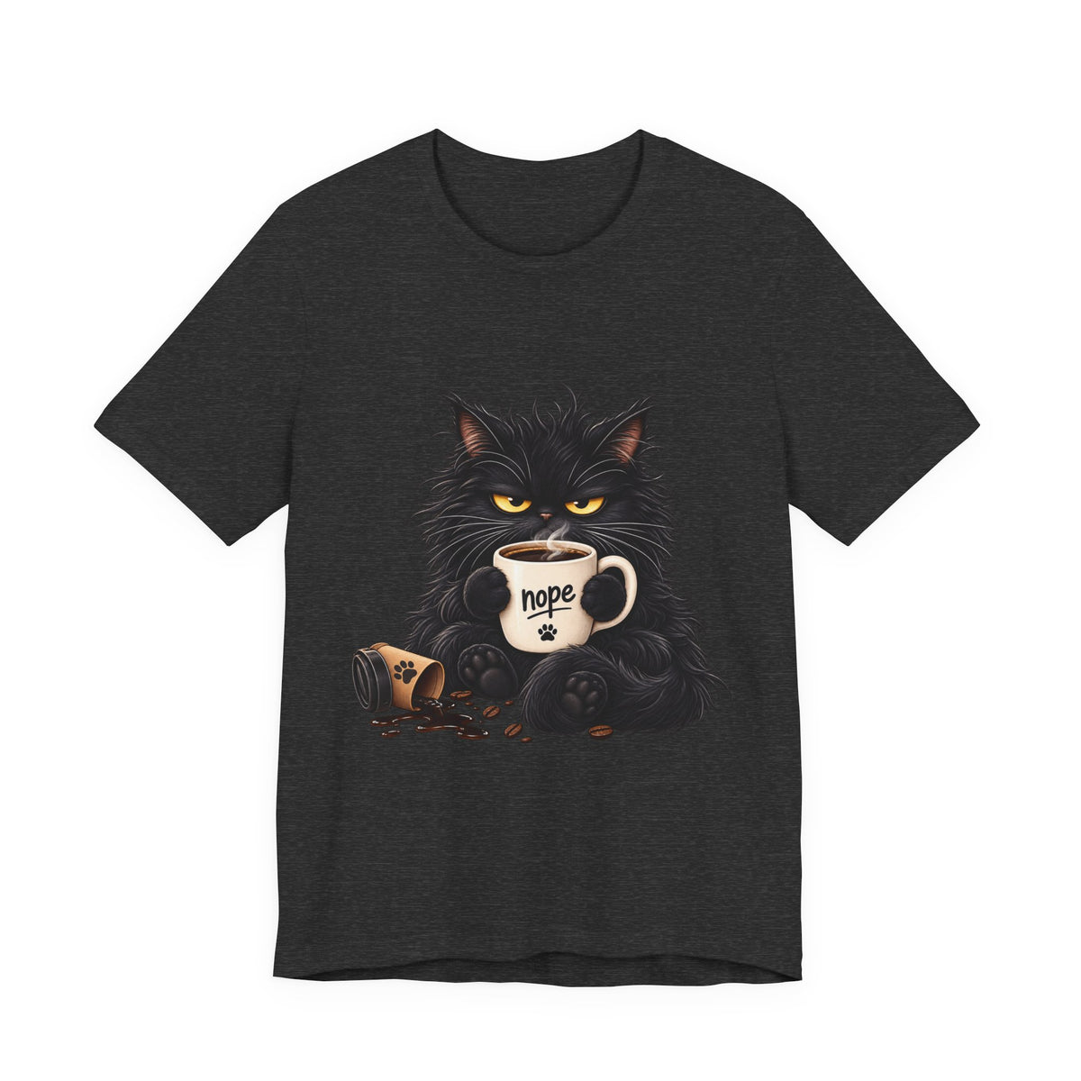 Nope Cat Coffee T‑Shirt — Grumpy Black Cat Holding 'Nope' Mug