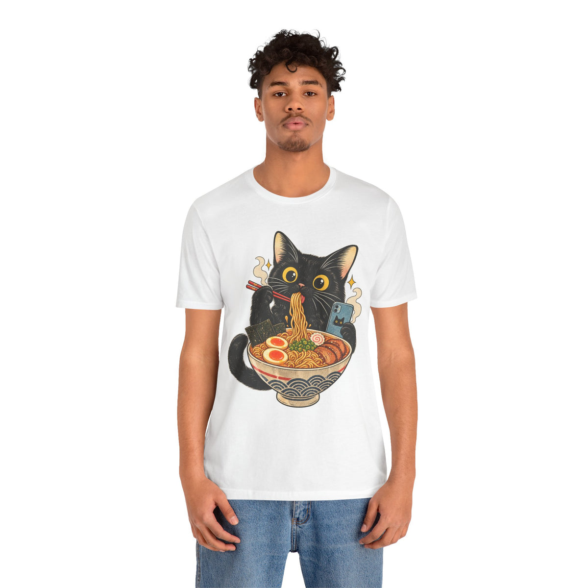 Black Cat Ramen T-Shirt — Cute Kitty Eating Ramen Graphic Tee