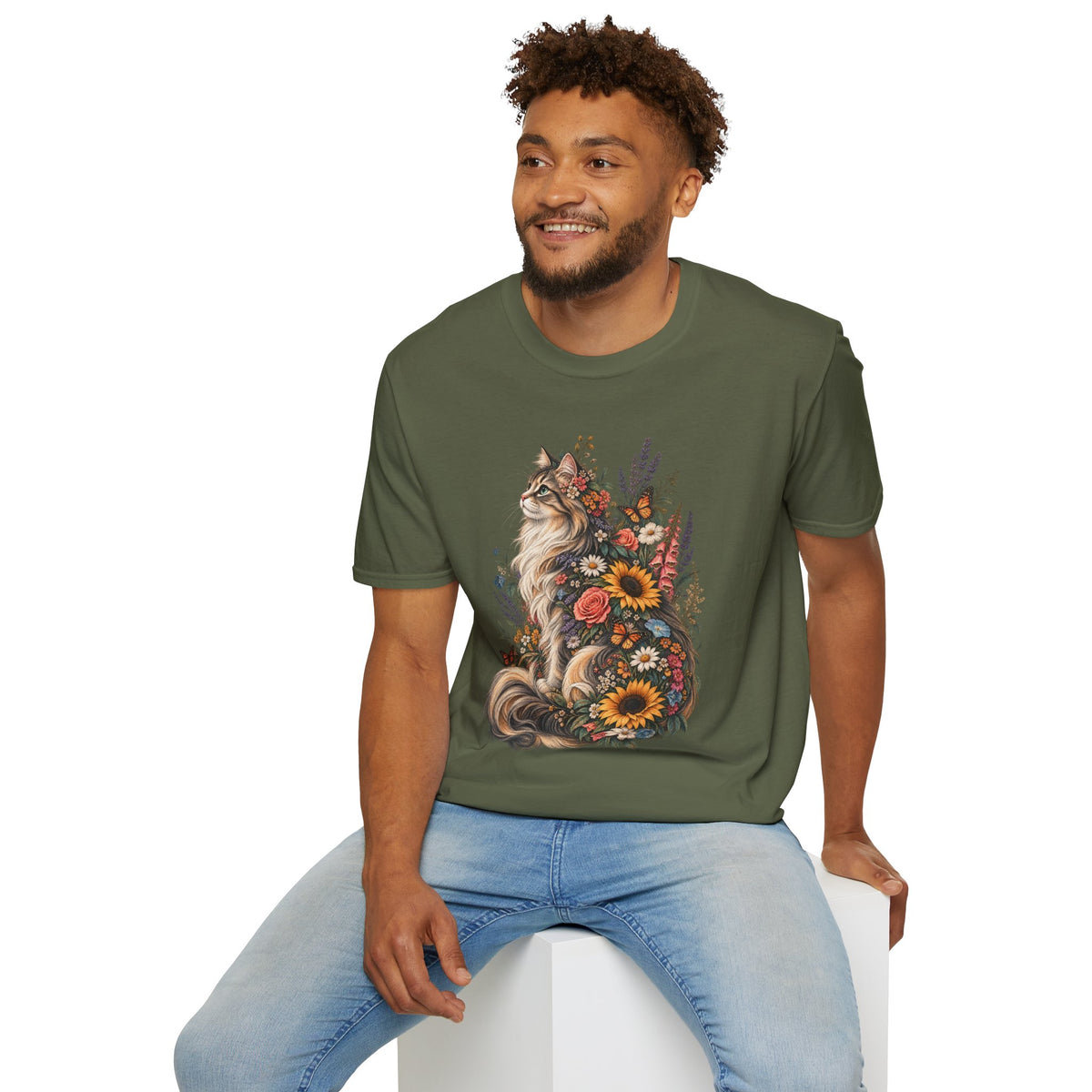 Floral Cat T-Shirt — Sunflower & Wildflower Cat Illustration Tee