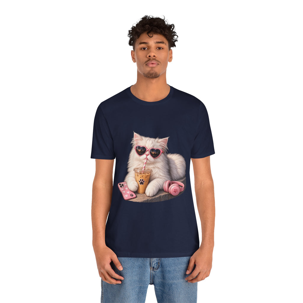 Cat With Boba T-Shirt — Cute White Cat Wearing Heart Sunglasses, Phone & Headphones Tee