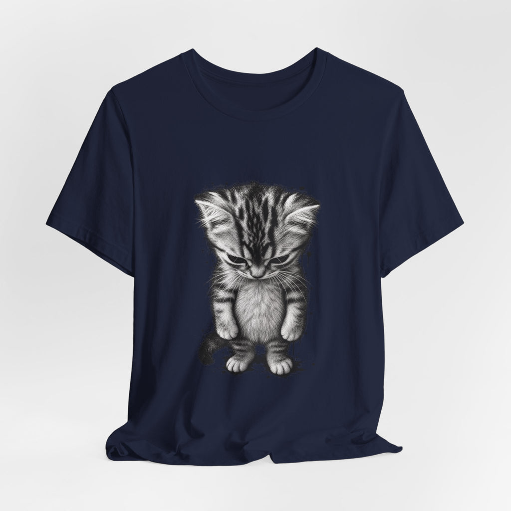 Sad Kitten Illustration T-Shirt — Cute Grayscale Cat Art Tee