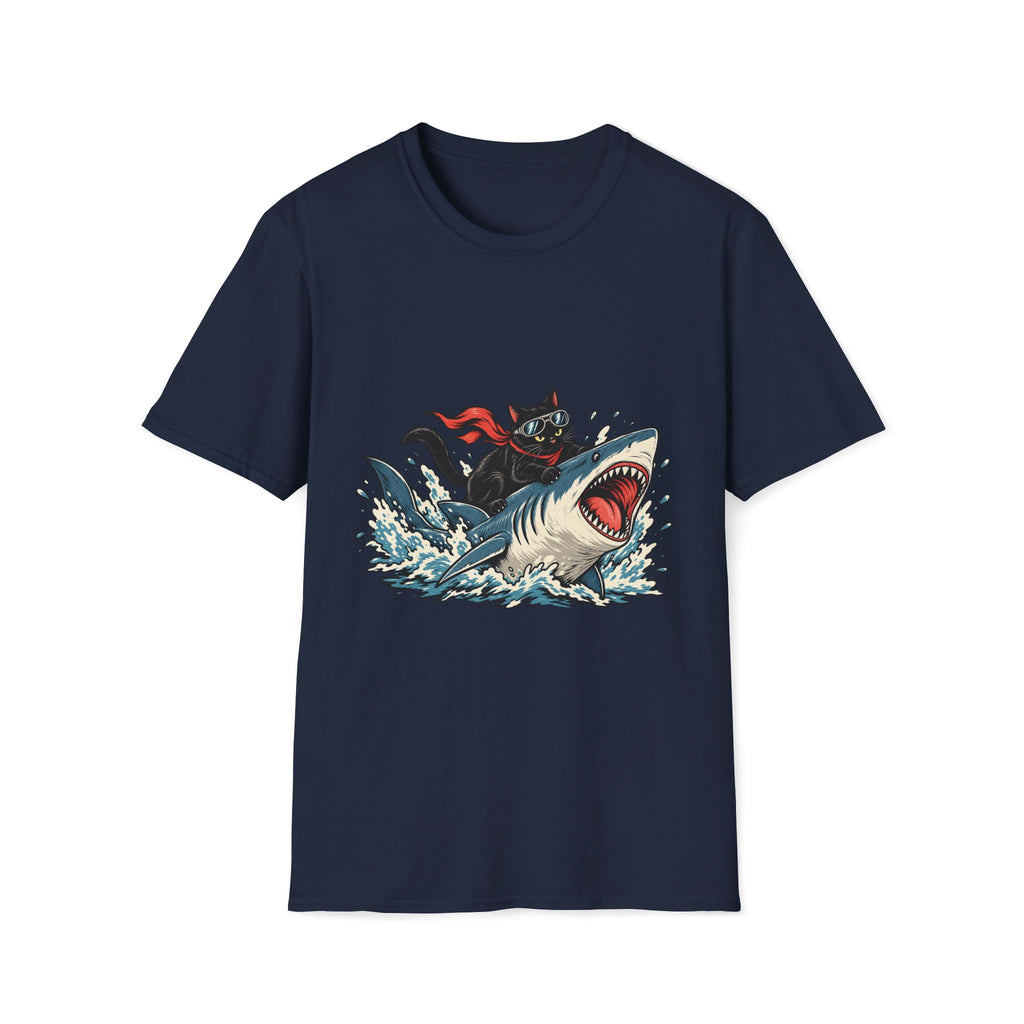 Cat Riding Shark T-Shirt — Retro Surf Graphic Tee for Cat Lovers